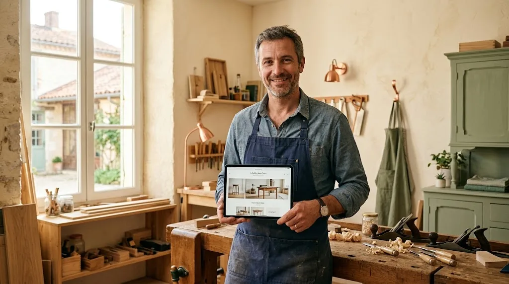Artisan dans son atelier montrant son site sur une tablette